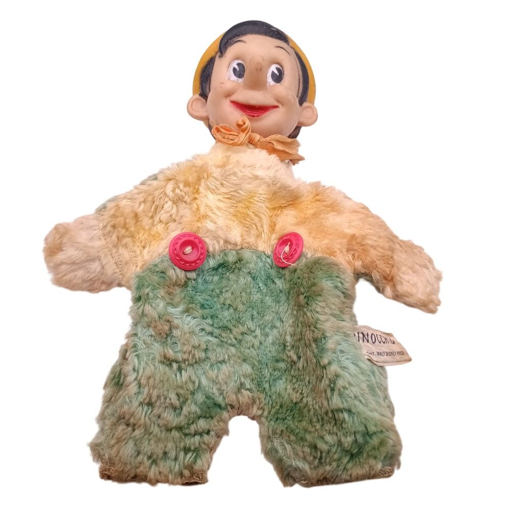 Vintage 1940s Pinocchio Plush Puppet Doll by Gund with Faux Fur Body & Rubber He